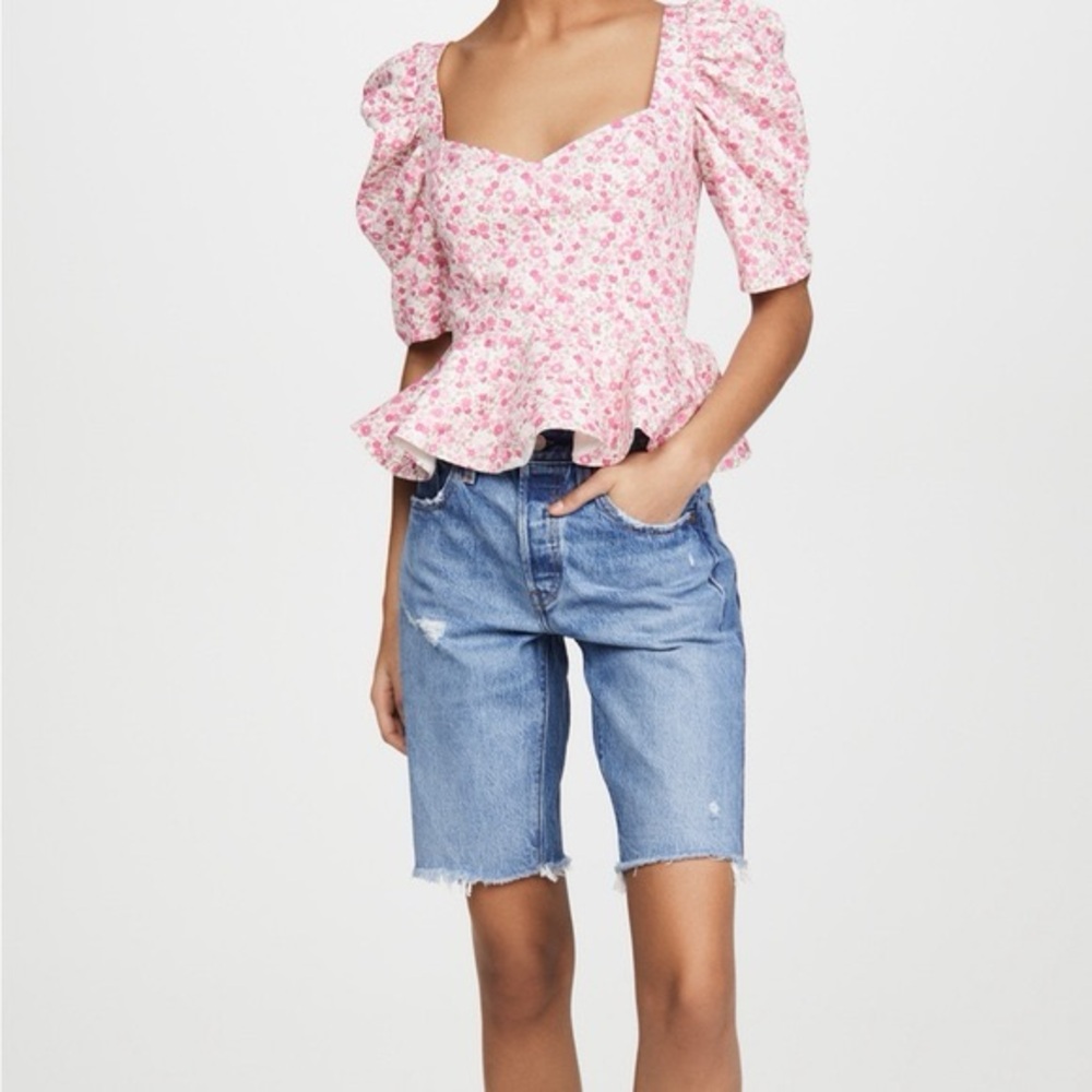Amanda Uprichard Pink Peplum Blouse with Puff Sleeves, Size Medium